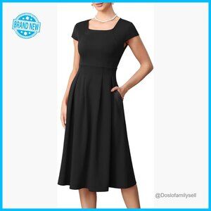 Vintage Square Neck Cap Sleeve A Line Midi Dress Elegant Cocktail Formal